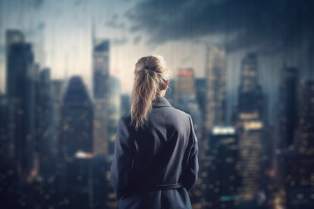 A woman stands facing a cityscape, looking at the distant buildings. She is wearing a gray coat and has her hair pulled back in a ponytail.の写真素材