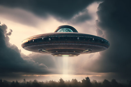 A classic UFO hovers above a forest at dusk, emitting a beam of light. The image is full of mystery...
