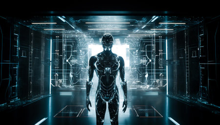 A futuristic cyborg stands in a laboratory filled with technology and light. It's a surreal and captivating image that evokes a sense of wonder and possibility.の写真素材