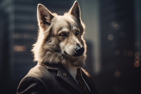 A wolf wearing a formal suit and tie looking straight ahead, a portrait in a city with a blurred...
