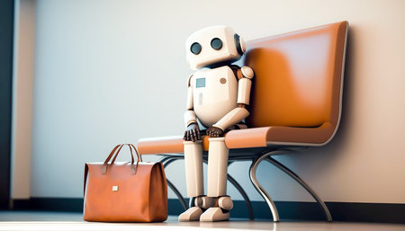 A white robot sits on a bench in a waiting area, holding a brown leather bag. It looks like it's waiting for something.の写真素材