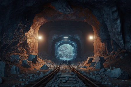 A railway tunnel entrance with dark walls and bright lights, showing the rugged and dramatic beauty...
