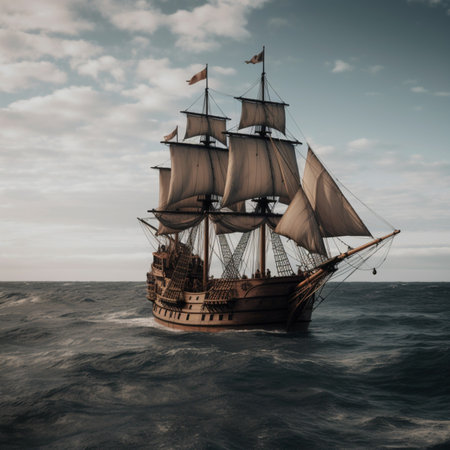 A tall ship with billowing sails navigates the open ocean under a cloudy sky.の写真素材