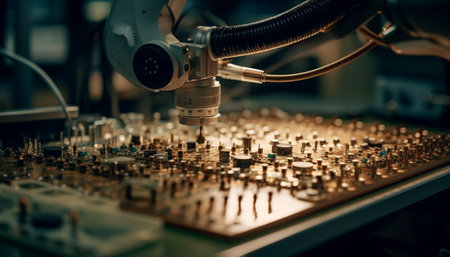A robotic arm carefully assembles an electronic circuit board in a modern factory setting.の写真素材