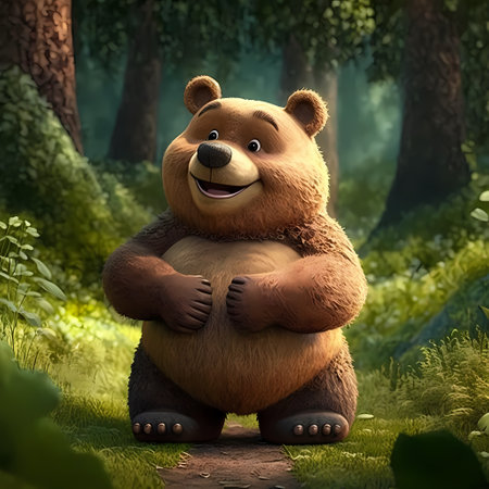 A close-up portrait of a cute brown bear standing in a lush forest. The bear is smiling and looks...