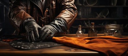 An alchemist in a leather coat works with a magical potion in a dark and mysterious workshop.