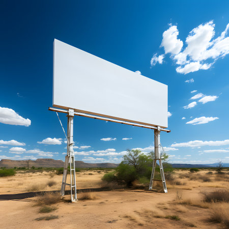 A blank billboard stands tall in a vast desert landscape under a clear blue sky.の写真素材