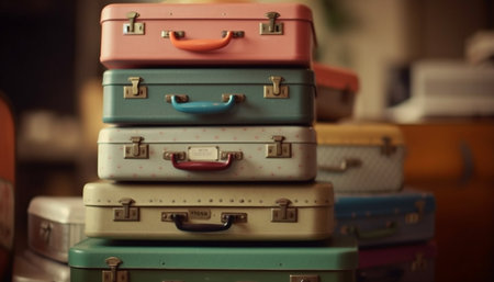A stack of vintage suitcases in various colors, showing a nostalgic feel and a sense of adventure.の写真素材