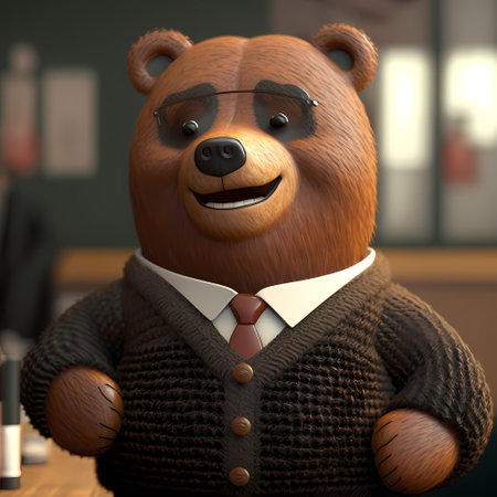 A cute bear wearing a brown sweater and a red tie, smiling for the camera.の写真素材