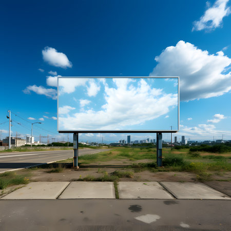 A large billboard with a blank space reflecting the blue sky and fluffy clouds. The billboard is situated by a road with greenery and a cityscape in the background.の写真素材