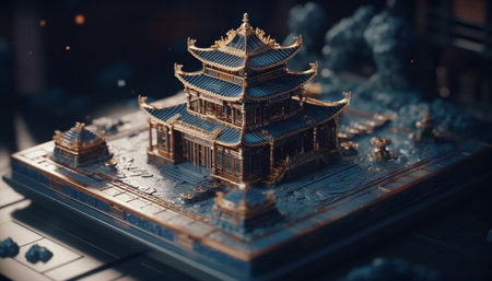A close-up shot of a miniature golden temple model, showing intricate details and a beautiful aesthetic.の写真素材