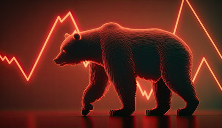A 3D illustration of a bear walking in front of a red line graph, representing a bear market and financial decline.の写真素材