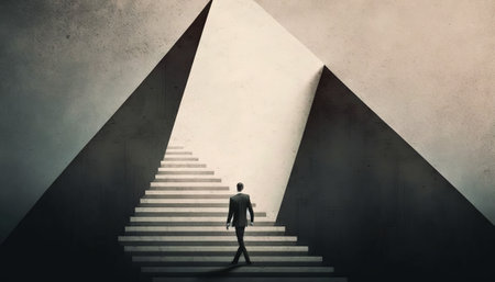 A man in a suit walks up a staircase towards a bright light at the end of a corridor. The image symbolizes hope, ambition, and progress.の写真素材