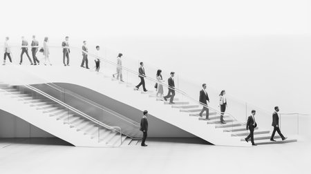 A black and white image of a group of businesspeople walking up a modern staircase. The photo represents ambition and career growth.の写真素材