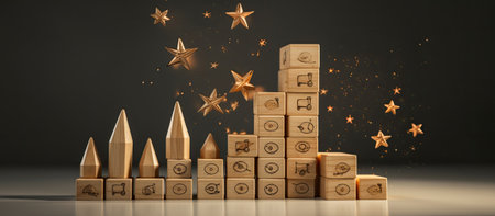 A close up shot of a tower made of wooden blocks arranged in an ascending pattern, with golden stars...