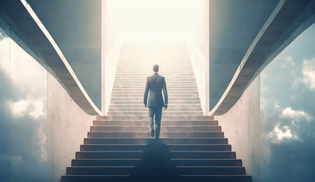 A man walks up a long staircase towards a bright light, representing a hopeful vision of success.の写真素材