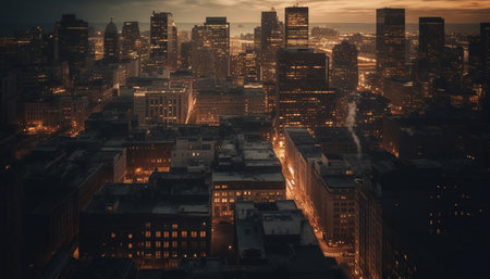 A breathtaking aerial view of a city at dusk, illuminated by streetlights. The skyscrapers reach high into the evening sky, creating a mesmerizing skyline.の写真素材