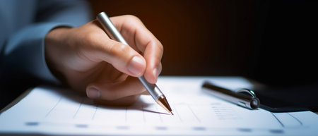A hand holding a pen and writing on a sheet of paper. The background is blurry, and the focus is on the hand and pen. The image suggests a professional setting.の写真素材