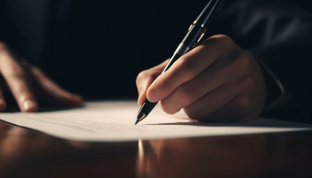 A person's hand signing a document with a pen. Closeup shot of a business agreement signing.の写真素材