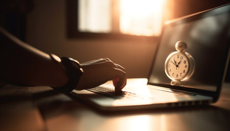 A person's hand typing on a laptop with an alarm clock displayed on the screen, symbolizing time management and productivity.の写真素材