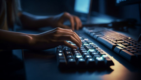 A close-up image of someone's hands typing on a keyboard. The keyboard is lit up, and the scene is dimly lit with blue and black colors.の写真素材