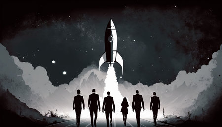 A team of people walking towards a launching rocket. The image represents teamwork, ambition and...