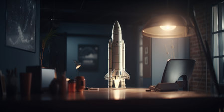 A model of a spacecraft sitting on a desk in an office, illuminated by a desk lamp. The spacecraft...