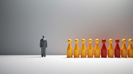 A businessman figurine standing alone in front of a row of red and yellow figurines. The scene represents standing out from the crowd and making a unique decisionの写真素材