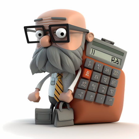 A cartoon character with a long beard and glasses holding a giant calculator.の写真素材