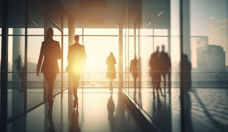 Silhouettes of business people walking towards the sunset in a modern office building. The image captures a sense of ambition and progress, as the individuals move forward together towards their goals.の写真素材