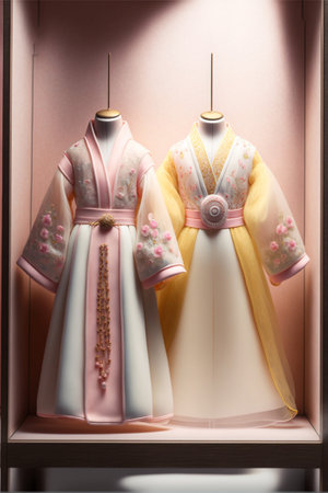 Two traditional Chinese dresses (hanfu) are beautifully displayed on mannequins in a museum or gallery setting.の写真素材