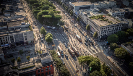 An aerial view of a bustling city street with many people walking and cars driving.