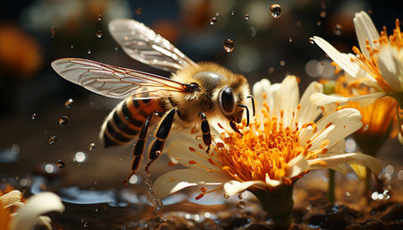 A honeybee gathers nectar from a flower in a close-up macro shot. The bee is in focus and the background is blurred.の写真素材