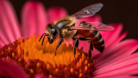 A bee collects pollen from a flower. The bee is in focus, while the flower is blurred in the background.の写真素材