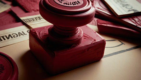 Close-up of a red wax seal stamp on a table with documents.