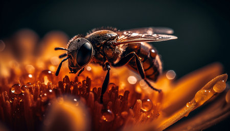 A close-up of a honeybee collecting pollen from a flower. The bee is in focus, while the background is blurry and soft. The flower is golden and orange, with dew drops on the petals. The image captures the beauty and detail of nature.の写真素材