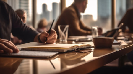 A man writes in his notebook during a business meeting.