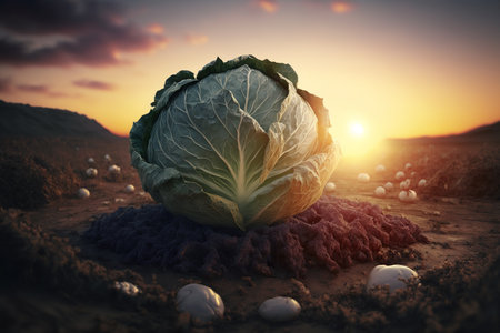 A single cabbage sits in the middle of a desolate landscape with the sun setting in the background. The sky is a mix of orange, pink, and purple. The cabbage is green and crisp.の写真素材