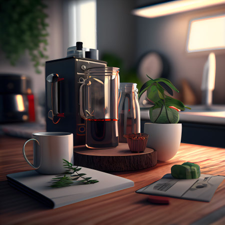 A cozy still life of coffee, plants, and books on a rustic wooden table, creating a warm and inviting atmosphere.の写真素材