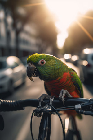 A green parrot perched on the handlebars of a bicycle, with a blurred city street in the background.