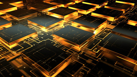 A futuristic abstract of glowing golden circuitry. The image features a repeating pattern of circuit board intricately with wires connecting glowing golden squares, creating an illuminating digital landscape.の写真素材