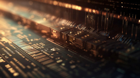 A close-up shot of a circuit board showing intricate details, intricate connections, and metallic components.の写真素材