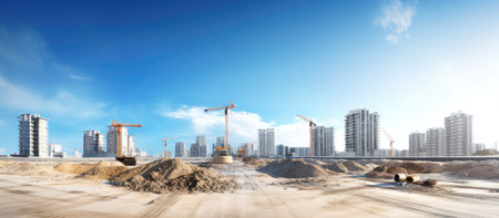 A construction site with multiple cranes, excavators, and towering skyscrapers in the background, indicating a large-scale urban development project.の写真素材