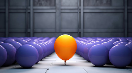 A single bright orange balloon stands out from a row of purple balloons. The vivid contrast of colors creates a striking visual that symbolizes uniqueness and individuality.の写真素材