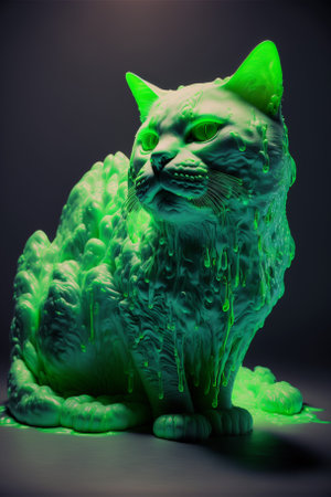 A 3D render of a cat statue, illuminated in a vibrant green color, it drips and melts resembling a surreal liquid sculpture.の写真素材