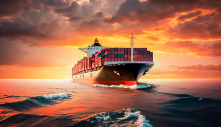 A large cargo ship sails on a calm sea at sunset with a dramatic sky behind itの写真素材