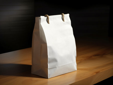 A white paper bag with string handles sits on a wooden table against a dark background.の写真素材