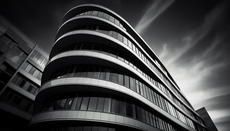 A black and white photograph of a modern building with a curved facade, showing the architectural...