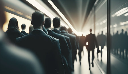 A group of business people walking through a modern office corridorの写真素材