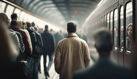 A man in a brown coat walks towards a train at a busy station.の写真素材